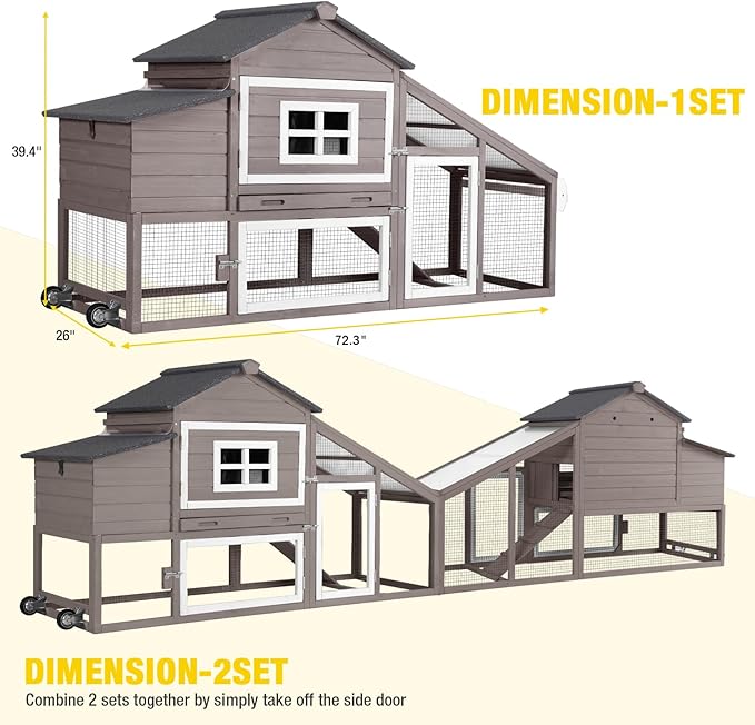 Wooden Chicken Coop, Large Chicken Tractor with Wheels, Weatherproof Hen House with Nest Box and Removable Tray, Mobile Poultry Hutch for 2-4 Chickens, Rabbits & Ducks (Brown)