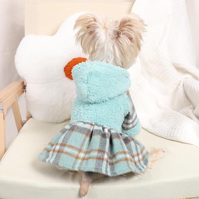Dog Hoodie Dress Winter Pet Sweaters for Small Dogs Girl Cold Weather Warm Puppy Dresses Plaid Pet Clothes Outfits for Chihuahua Yorkie Teacup Cat Skirt Coat Apparel Clothing (Medium, Blue)