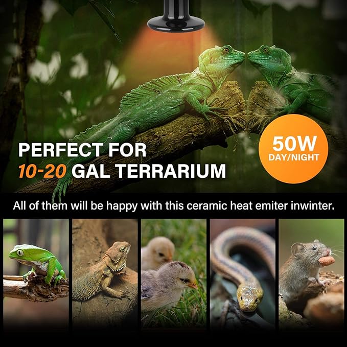 Simple Deluxe 50W Ceramic Heat Emitter Reptile Heat Lamp Bulb No Light Emitting Brooder Coop Heater for Amphibian Pet & Incubating Chicken Black