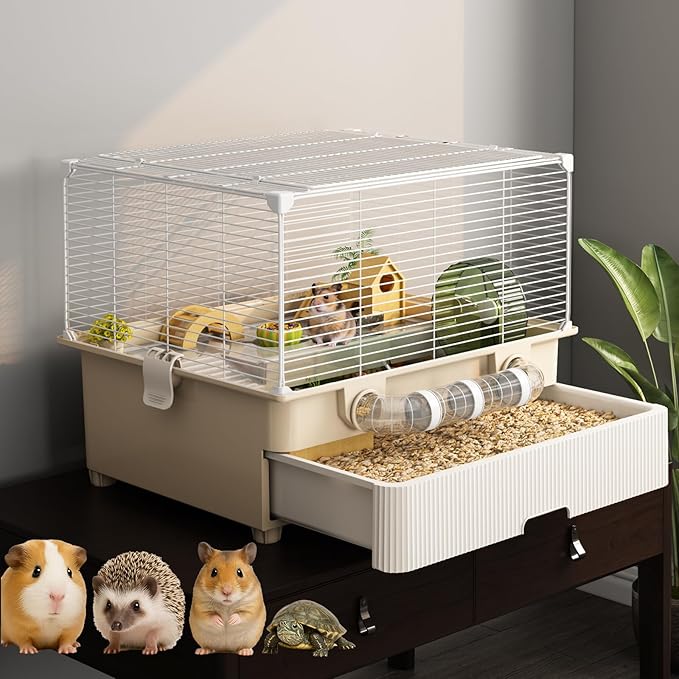 Oneluck 2 Tiers Large Hamster Cages with Accessories,Drawer-Style for Easy Cleaning,Small Animal Habitats for Syrian Hamster,Gerbil, Mice(White)