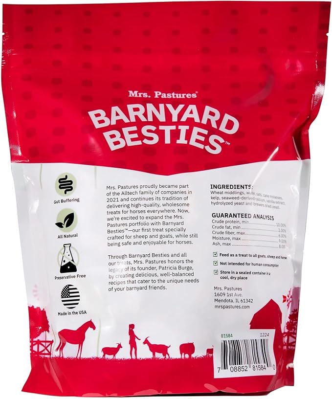 Mrs. Pastures Barnyard Besties - Cookies and Treats for Goats, Sheep and Horses - Premium Treats - Made with Kelp, Oats & Vanilla - Preservative Free - All Natural - Made in USA - (3lbs)