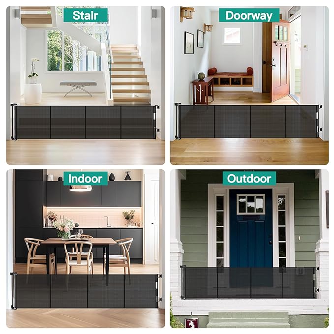 24 Inch Tall x 75 Inch Extra Wide Retractable Dog Gate for The House, Short Dog Gate to Step Over, Reinforced Mesh Puppy Gate for Doorways, Step Over Pet Gate for Stairs, Indoor/Outdoor, Black