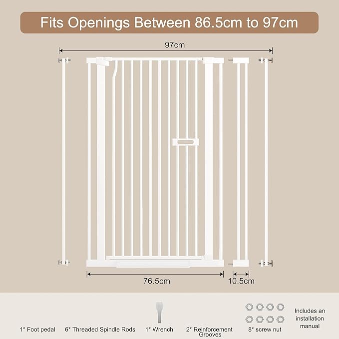55.1" Extra Tall Cat Gate for Doorways, Dog Gate Indoor for Stairs/Hallways/Kitchen, 34-38.1" Wide Include 4.13" Extension Kits, No Drilling Auto Close High Pressure Mounted, White