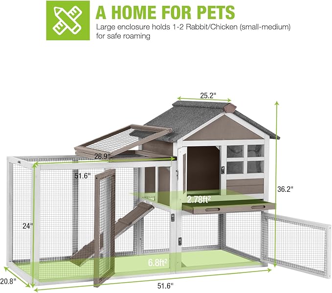 GUTINNEEN 51.6" L Chicken coop Outdoor Rabbit Hutch Indoor Bunny Cage Expandable Duck House for Small Chickens (Brown)