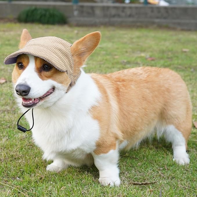 Dog Baseball Cap, Dog Cat Summer Beach Visor Hat with Ear Holes, Adjustable Puppy Sunbonnet Headdress (Khaki, Medium)