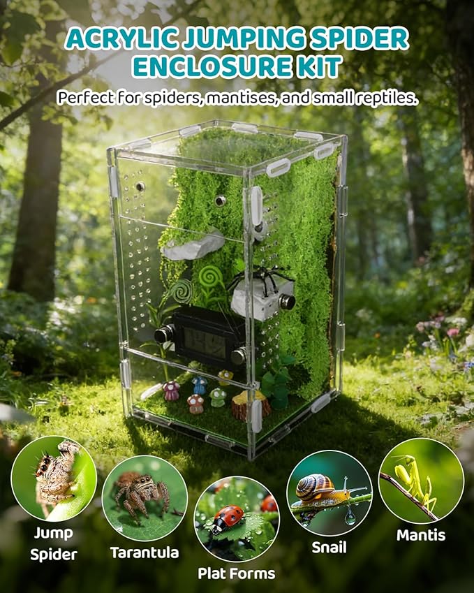 DIY Jumping Spider Enclosure, 4.7"x4.7"x7.9" Escape-Proof Spider Terrarium, Small Invertebrate Acrylic Accessories Set, with Temperature and Humidity Detector, Platform and Hide, Tweezer, Feeding Bowl