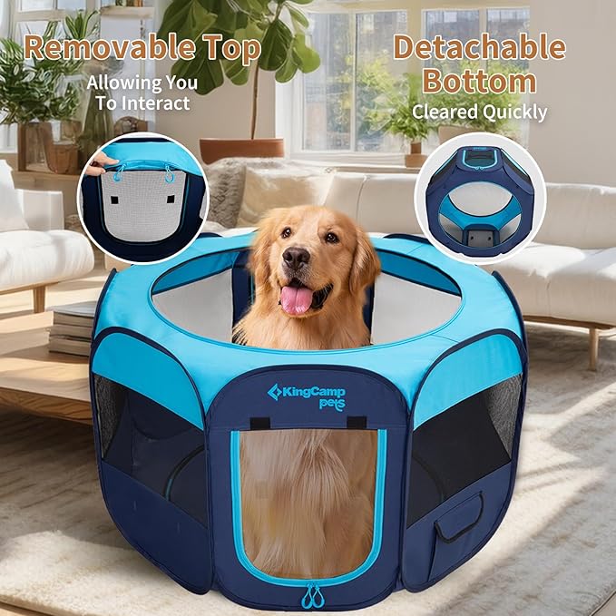 KingCamp Dog Playpen, Portable Foldable Cat Kitten Puppy Tent Crates 29"/36"/50" Pop Up Pet Playpen with Zippered Bottom & Cover for Indoor Outdoor Use (Small, Blue)