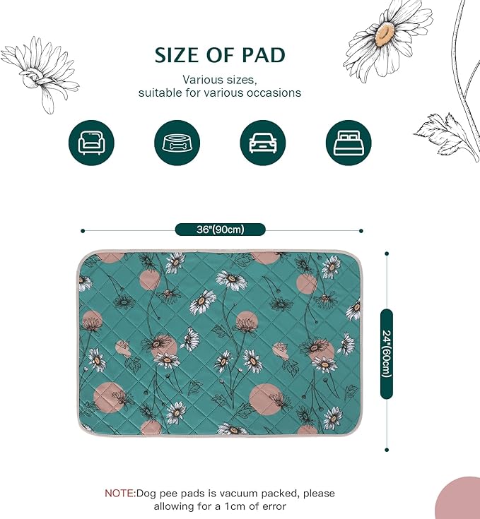 IEUUMLER Washable Pee Pads for Dogs, 2 Pack Non-Slip & Waterproof Pack Whelping Pad, Reusable Washable Puppy Potty Training Pad with Fast Absorbent for Playpen EU007 (Teal Daisy, 36"X24"-2pcs)