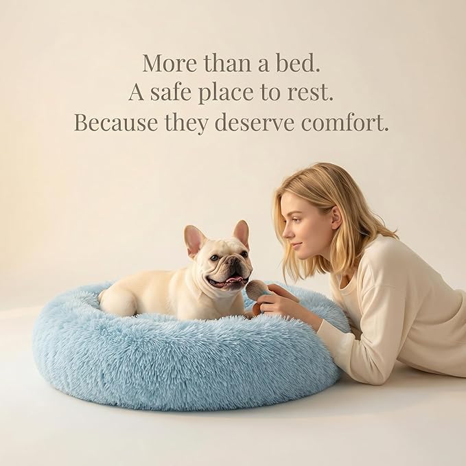 Calming Donut Dogs Beds for Small Dogs Washable,28inch Plush Round Pet Bed for Cozy Sleep,Fluffy Faux Fur Large Cat Bed,Fits up to 30 lbs Pets,Washed Blue