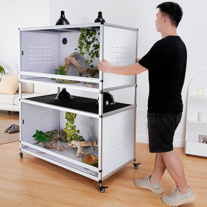 120 Gallon PVC Reptile Enclosure 48"x24"x24" 2-Pack – Stackable Space-Saving Tank with Front Sliding Glass Doors & Lock for Bearded Dragon, Snake, Gecko (White Panels)