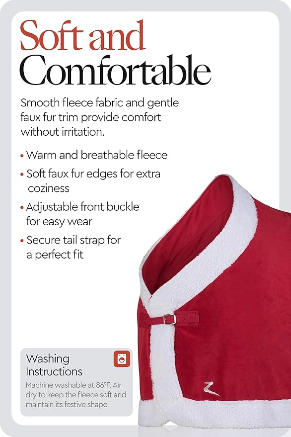 HORZE Santa Christmas Fleece Horse Cooler Blanket with Faux Fur - Red - 66 in