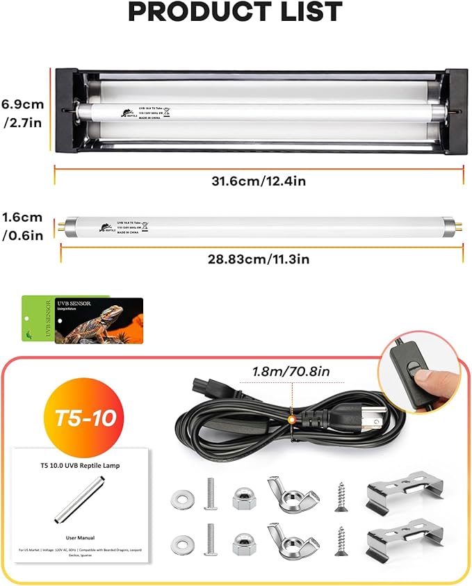 UVB Light for Reptile 8W, T5 UVB Reptile Light Fixture HO Combo Kit with Test Sensor Cards, 12" High Output Reptiles Light Bar UVA UVB Desert Lamp for Turtle Lizard Bearded Dragon Tank