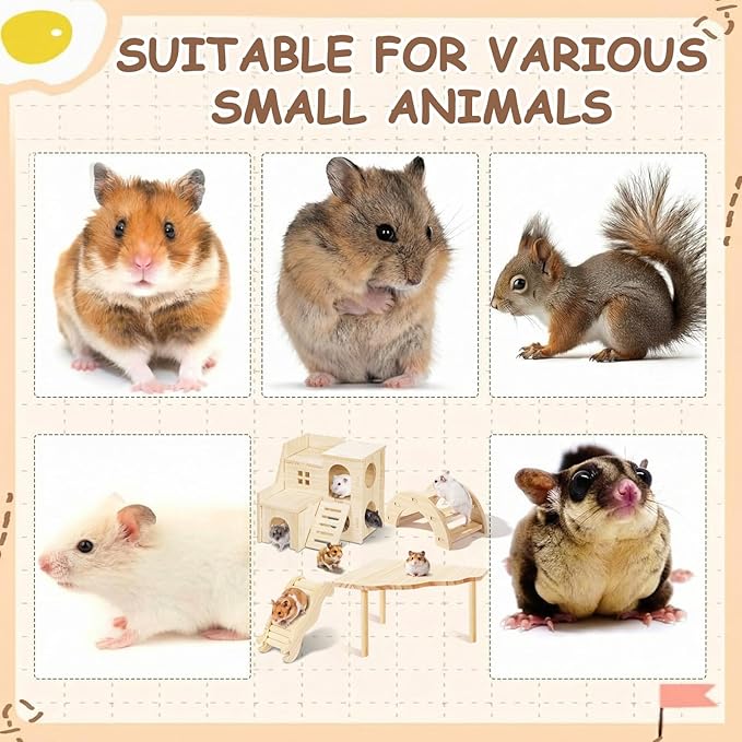 BreezeHug 4 Pcs Hamster Platform Hideout Wooden Tunnel Ladder Playhouse Hamster Game Climbing Toy with Platform Cage Accessories for Small Pets Dwarf Syrian Mice Degus Gerbils Squirrel(Villa)