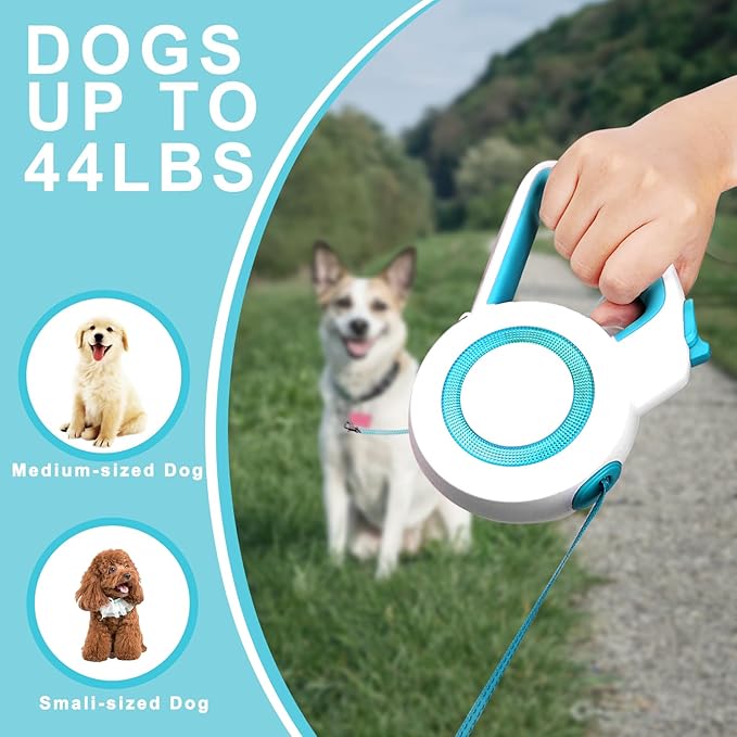 enrgticdg 16Ft Retractable Dog Leash,Night Reflection,Light Weight Leash for Small to Medium Dogs/Cats,Stainless SteelSpring,Strong Nylon Tape,One-Handed Brake(Blue-White)