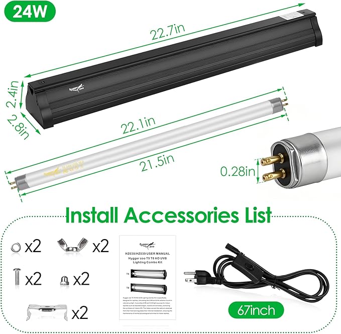 UVB Light for Reptiles Bearded Dragon, T5 UVB Reptile Light Fixture HO UVB Bulb Lighting Combo Kit 10.0 24W UVA UVB Reptile Light Bulb Terrarium Lamp Tube Bar for Snake Gecko Turtle Lizard, 22 Inch