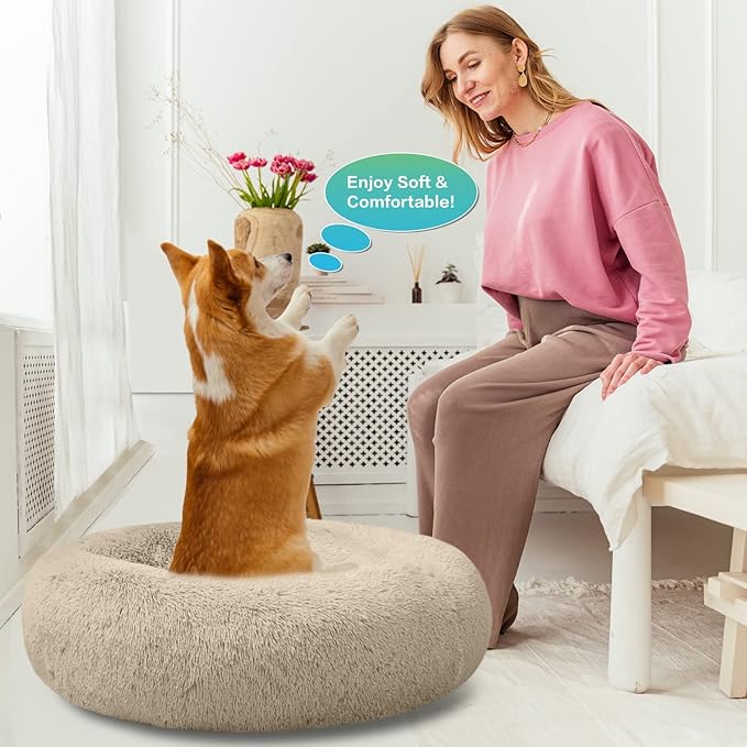 SAVFOX 30 inches Calming Donut Dog Bed - 3X Durable Plush Faux Fur, Machine Washable & Non-Slip, Fits up to 45 lbs, Beige