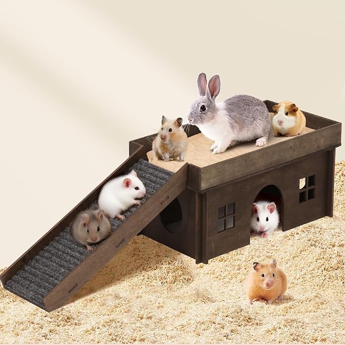 Large Bunny House with Stair, Wooden Bunny Castle Rabbit Hideout, Chinchilla and Guinea Pigs Hut Hideouts, Sturdy Rabbit Cage Hamster Hideout Bed Hutch(Excluding String Lights)