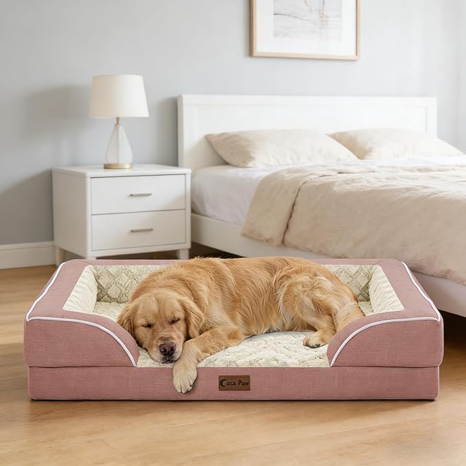 Orthopedic Dog Beds for Large Sized Dogs, Waterproof Memory Foam Large Pet Bed with Sides 35x22Inch, Non-Slip and Egg-Crate Foam Big Dog Couch Bed with Removable Washable Cover, Pink