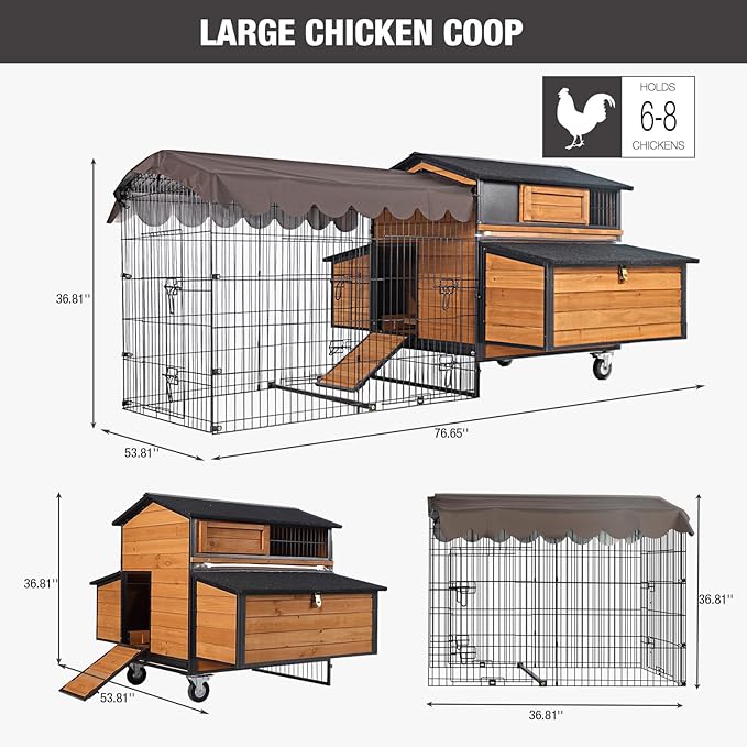 Large Chicken Coop with Run, Mobile Chicken House with Wheels and All-Around Iron Frame, Chicken Tractor Poultry Cage for 6-8 Chickens, Nesting Box, Metal Pull-Out Tray