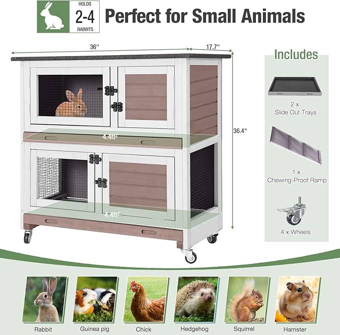 Rabbit Hutch Indoor Outdoor, Large Bunny Cage with Wheels, 2-Tier Wooden Rabbit Cage, Chew-Proof Ramp with Metal Edges, Dual Pull-Out Trays, Bunny House for Rabbits & Guinea Pigs