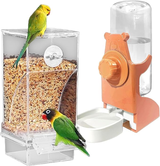 Clear View Bird Feeder and Water Dispenser Set with Detachable Trays for Finches, Parrots ABS Construction 2PC Large Capacity Treat Dispenser