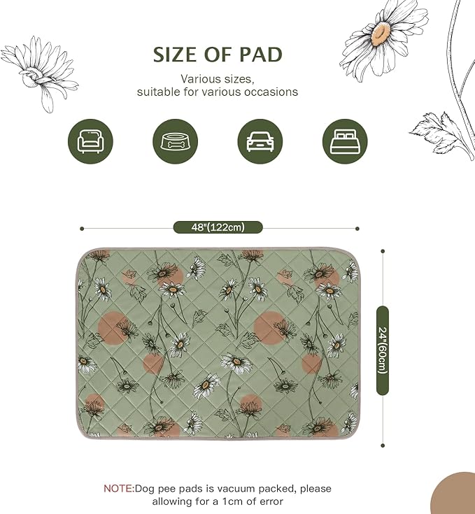 IEUUMLER Washable Pee Pads for Dogs, 2 Pack Non-Slip & Waterproof Pack Whelping Pad, Reusable Washable Puppy Potty Training Pad with Fast Absorbent for Playpen EU007 (Grass Green Daisy, 24"X48"-2pcs)