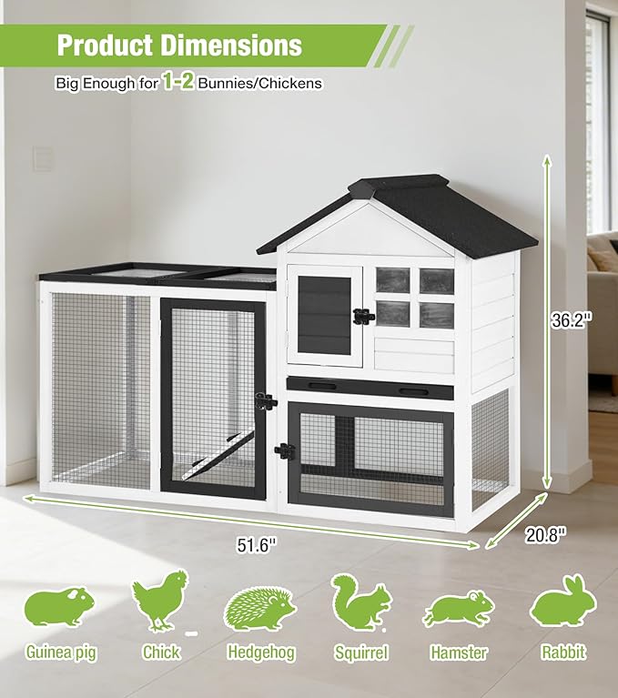 GUTINNEEN Rabbit Hutch Outdoor Rabbit Cage Indoor 51.6" L Waterproof Bunny Cage with Chew-Proof Ramp and Lockable Doors for Indoor Outdoor Use Black and White