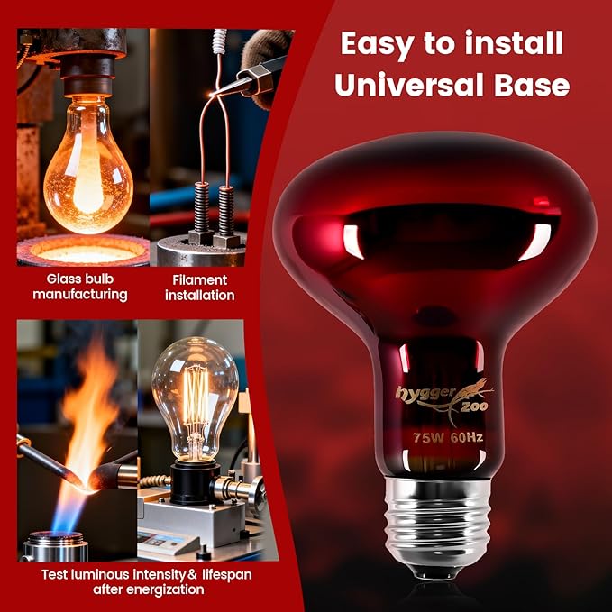 75W Infrared Heat Lamp Bulbs – 2-Pack Red IR Basking Light for Reptile & Amphibian, Silent Night-Time Heating, E26 Base, Bearded Dragon,Lizard,Turtle,Chicken