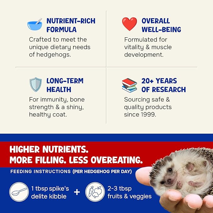 Spike's Delite Premium Hedgehog Diet Food - High Energy Protein, Vitamins & Minerals, Natural Cooked Kibble, Complete Nutrition for Baby, Growing & Breeding Hedgehogs - 3 lbs