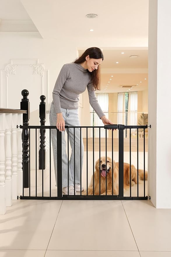 53.46"-55.63" Baby and Pet Safety Gate, 30" Tall Metal Walk-Thru Gate for Doorways & Stairs, Easy One-Hand Open, Dual Lock, Extensions & Wall Mounts Included (Black, 29"-54" W x 30.5“H)