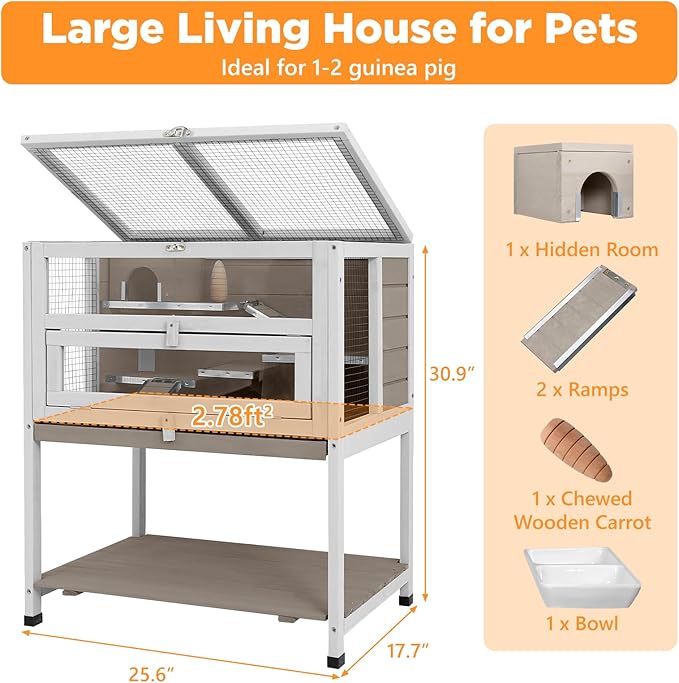 Multi-Platform Guinea Pig Cage Indoor, Wooden Ramp with Metal Chewproof Strips, Pull Out Tray, Storage Shelf, Easy Clean & Assembly, Ideal for Guinea Pig, Chinchilla, Hamster, Rat