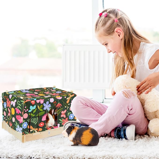 Glittme Guinea Pig Hideout, Wooden Guinea Pig Bed with Waterproof Mat, Durable Rabbit Bed with Door Curtain for Guinea Pig, Rabbit, Ferret, Squirrel, Bunny