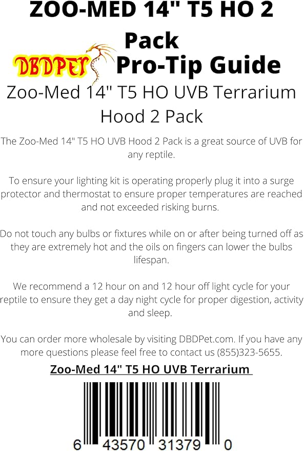DBDPet (2 Pack) Reptisun 14" T5HO Terrarium Hood Light Fixture & Free 5.0 UV-B Bulb by Zoomed - Includes Attached Pro-Tip Guide - Great for Small Reptiles, Chameleons, Geckos, and More!