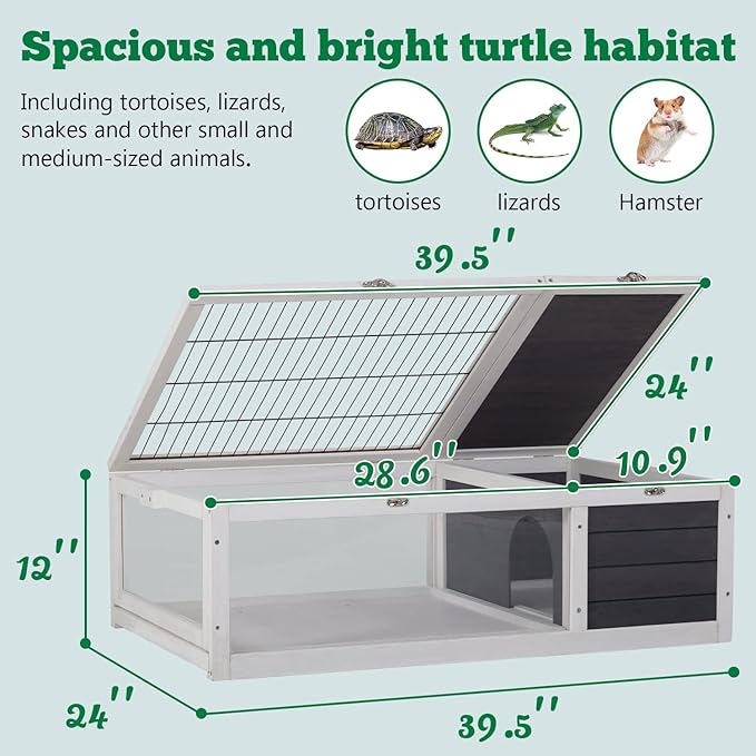 Wooden Tortoise Habitat Indoor & Outdoor Large Transparent Tortoise Enclosure in Gray with Rest Area, Activity Area and Removable Tray for Small and Medium-Sized Animals