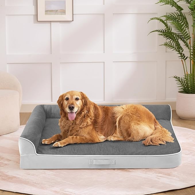 Dog Bed Large Sized Dogs, XXL Orthopedic Dog Bed for Large Dogs, Waterproof Pet Bed with Washable Removable Cover, L-Shaped Pet Couch with Portable Handle 48"x35"x7.5", Grey Flannel