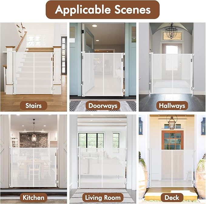Reinforced 48" Extra Tall Baby Gate with Support Rods, 4 Ft Tall Retractable Gate for Dogs 55" Wide Pet Gates for Doorways Mesh Cat Gate - Prevent Baby/Pet from Jumping Over, White