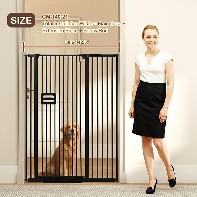 SMONTER 55" High Extra Tall Baby Gate, Safety Cat Gate for Doorways, Expands to 38.6"-42.5" Wide, Auto Close Dog Gate, No Drilling Pressure Mounted Cat Fence, Pet Gate Indoor for Stairs, Black