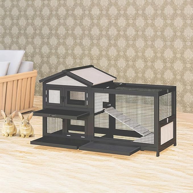 57.9” Indoor/Outdoor Rabbit Hutch with Run, 2-Story Wooden Bunny House with Leak-Proof Trays & Chew-Proof Ramp, Wheels for Easy Movement