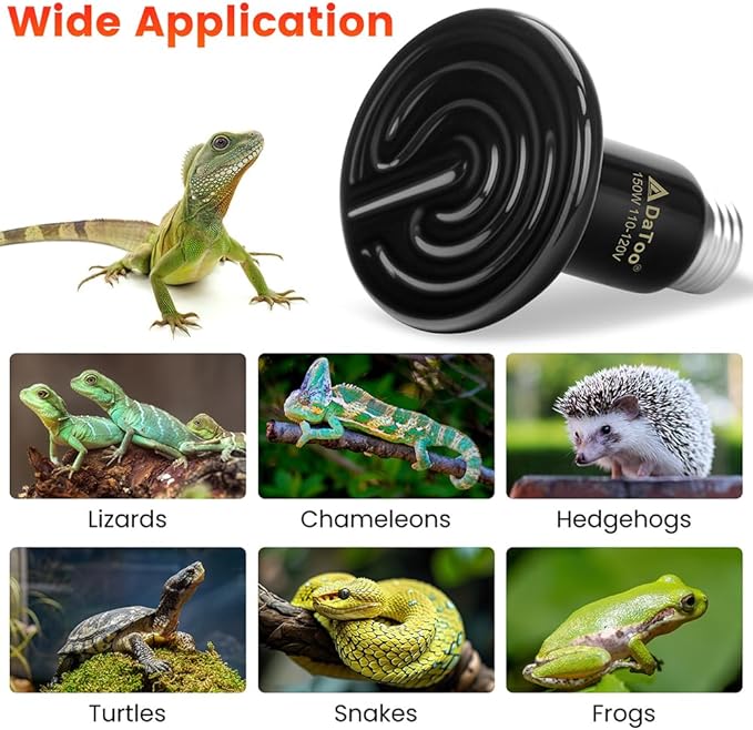 DaToo Ceramic Reptile Heat Lamp 150W Ceramic Heat Emitter E26 No Light Night Heat Bulb for Reptile Terrarium Tank Lizards Snakes Hedgehogs Turtles Cats Dogs Chicken