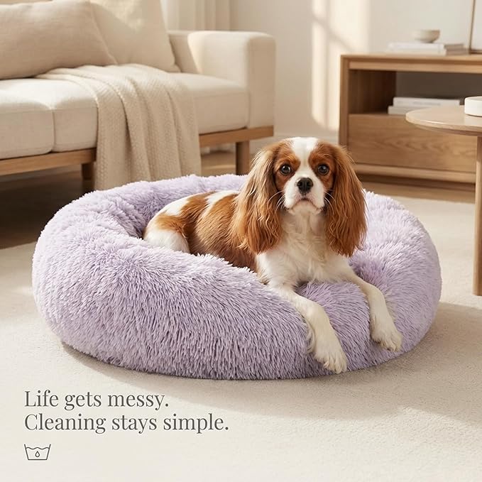 Calming Dog Bed for Medium Dogs Washable Donut 30 inches Anti-Slip Pet Bed,Round Fluffy Plush Faux Fur Cat Bed,Fits up to 45 lbs Pets,Gradient Purple