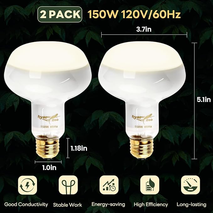 Reptile Heat Lamp, 2 Pack 150W Simulated Natural Sunlight Heat Lamp Bulbs Reptile Warm Light Lamp UVA Daylight Basking Light for Bearded Dragon Chameleon Turtle Snake Leopard Gecko Chicken, White