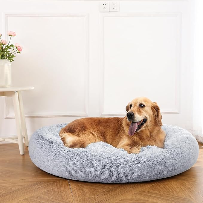 Amazon Basics Washable Donut Pet Bolster Faux Fur Bed with Removable Cover, Anti-Slip Bottom for Dog, Grey, 45" x 45"