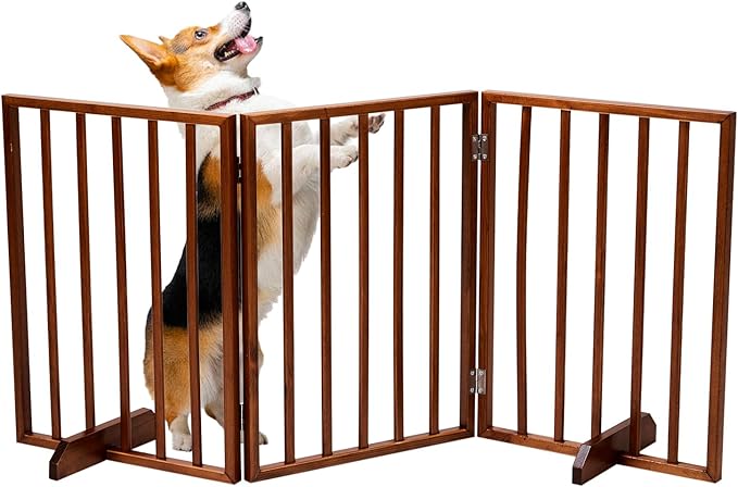 BONNLO Free Standing Dog Gate Indoor, Foldable Pet Gate for Dogs and Puppy, 24" Height Wooden Dog Gates for Doorways Extra Wide/Stairs/Hallways (Brown, 3 Panel)