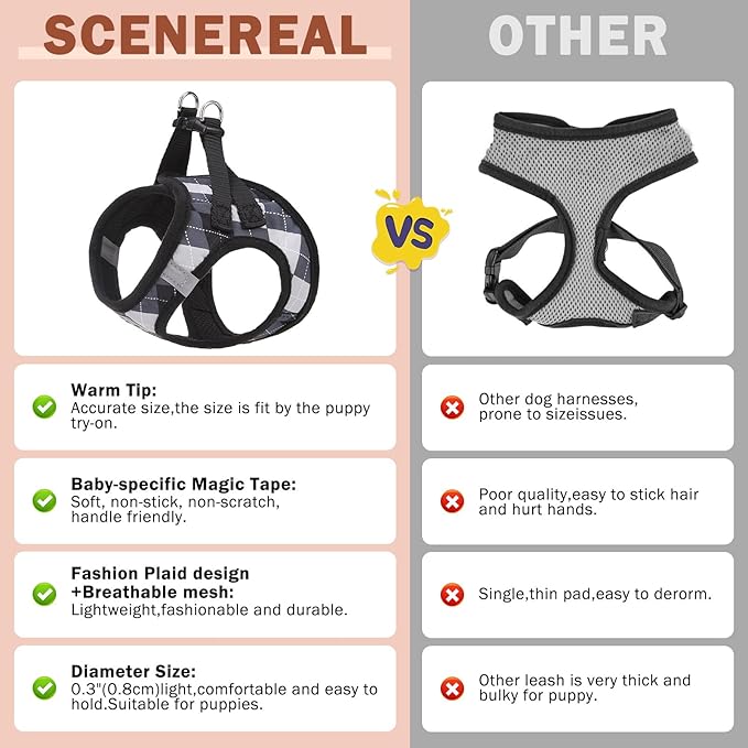 SCENEREAL Small Dog Harness and Leash Collar Set, Step in No Pull Soft Mesh Dog Harnesses for Small Medium Sized Dogs Puppy and Cats Outdoor Walking, No Chock Reflective Vest Harness, Black Plaid S