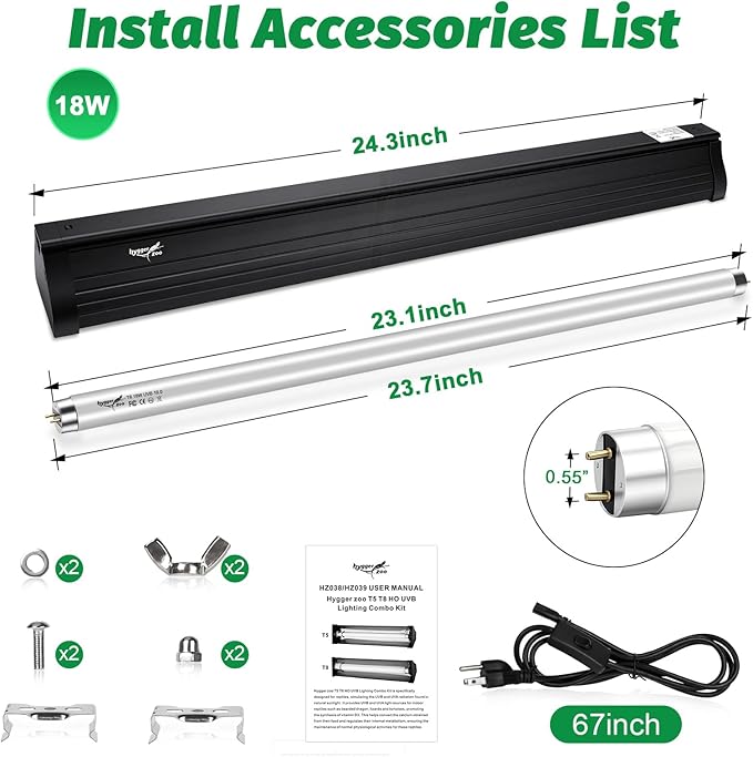 UVB Light for Reptiles Bearded Dragon, T8 UVB Reptile Light Fixture HO UVB Bulb Lighting Combo Kit 10.0 15W UVA UVB Reptile Light Bulb Terrarium Lamp Tube Bar for Snake Gecko Turtle Lizard, 18 Inch