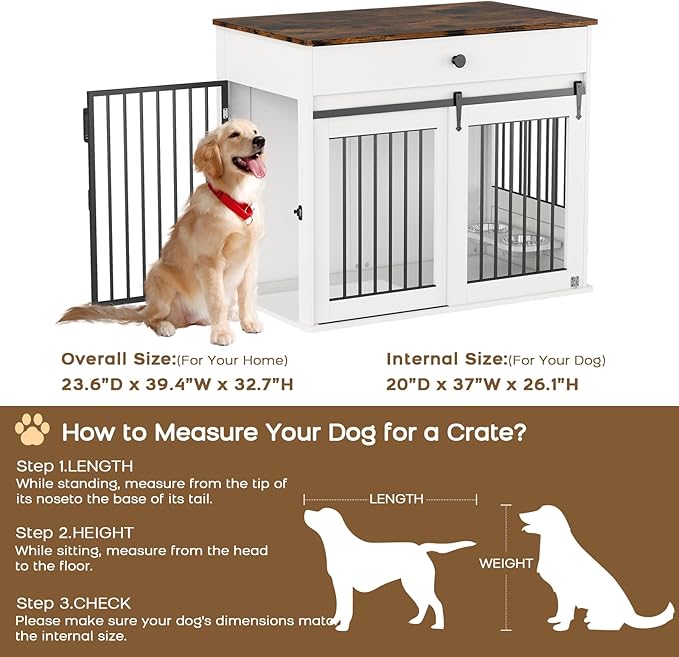 Large Dog Crate Furniture with Sliding Door & 360° Spinning Bowls | Durable Modern End Table for Medium & Large Dogs for Pet Owners (40-inch)