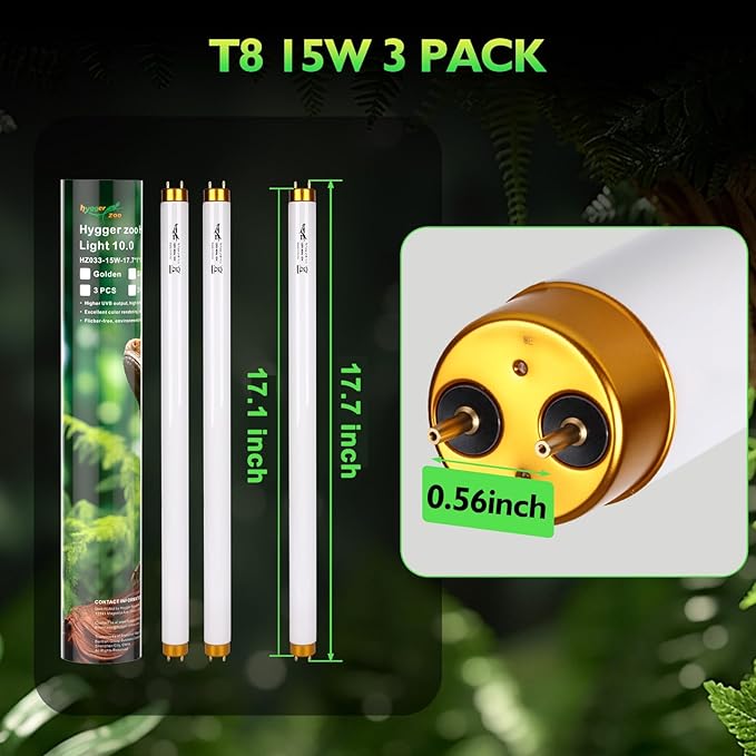 UVB Light for Reptiles Bearded Dragon, 3 Pack T8 UVB Reptile Light UVB Bulb 10.0 15W UVA UVB Reptile Light Bulb Terrarium Light Lamp Tube for Turtle Chameleon Leopard Gecko Snake Tank, 18 Inch