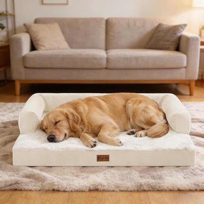 Orthopedic Dog Beds for Extra Large Dogs, Waterproof Egg Crate Foam XL Dog Bed with Sides 45x35Inch, Big Dogs Couch Beds with Removable Washable Cover and Nonskid Bottom, Beige