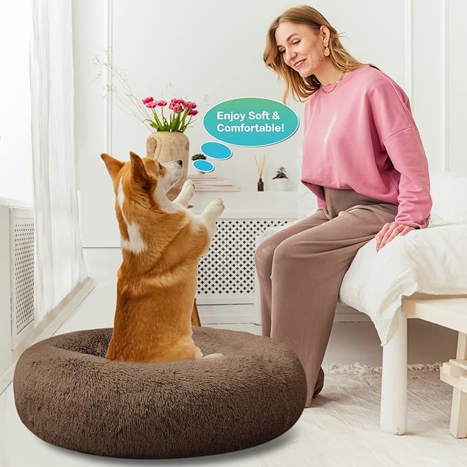 SAVFOX 30 inches Calming Donut Dog Bed - 3X Durable Plush Faux Fur, Machine Washable & Non-Slip, Fits up to 45 lbs, Brown