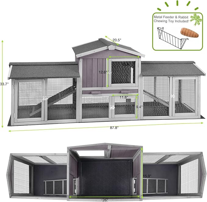Rabbit Hutch Chicken Coop 87.8" Large Outdoor Bunny Cage with Removable PVC Layer, Easy Clean…